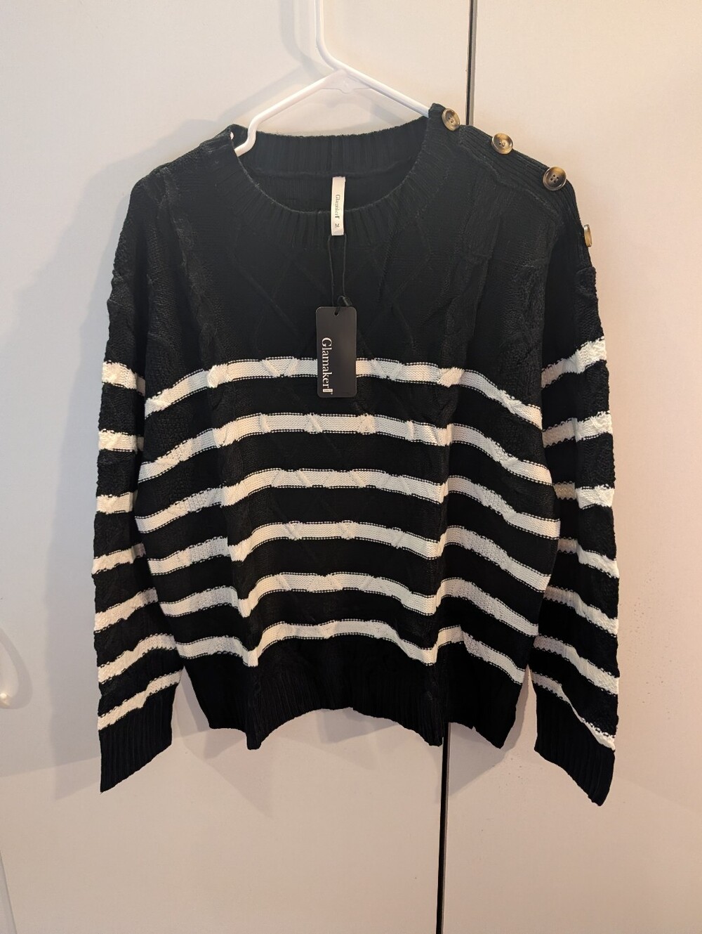 Glamaker Woman's M Black/White Striped Crewneck Sweater w/ Shoulder Buttons NWT